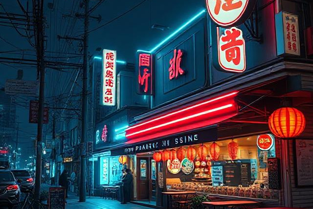 A neon-lit street scene in a cyberpunk Tokyo setting. The storefront of a restaurant, "PAABRIC MISSINE", is brightly lit with red and blue neon signs featuring Japanese characters. Lanterns hang from the awning, and silhouettes of people are visible against the dark background.