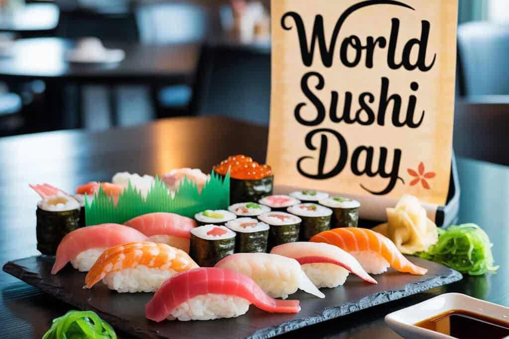 A slate platter of assorted sushi including nigiri and maki rolls is neatly arranged on a dark restaurant table. A decorative sign beside it reads “World Sushi Day.” Soy sauce, pickled ginger, and seaweed salad garnish the scene.