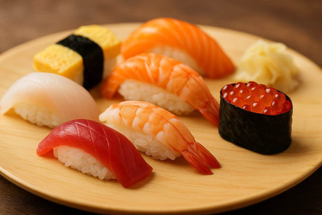 An assortment of sushi displayed on a light wooden plate, including tuna nigiri, shrimp nigiri, salmon nigiri, egg tamago, white fish, and salmon roe gunkan, with pickled ginger on the side.