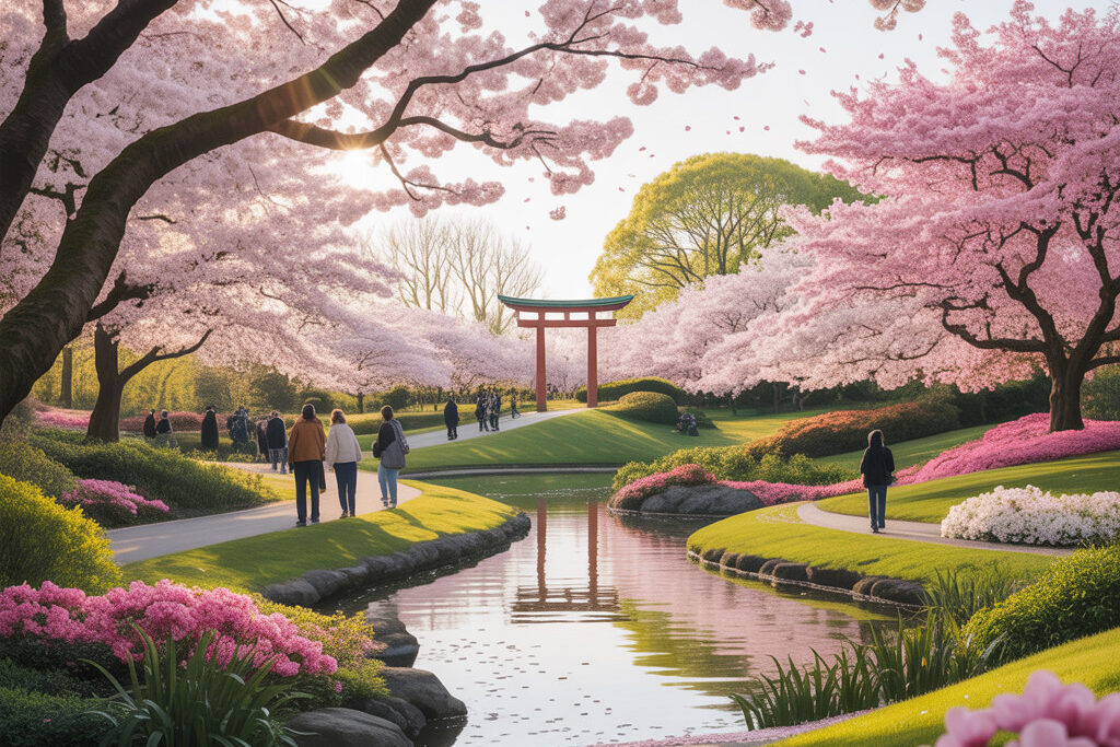 Visitors stroll beneath blooming cherry blossom trees in the Japanese Garden at Brooklyn Botanic Garden, with a red torii gate and a calm reflective pond framed by lush green grass and pink flowers.