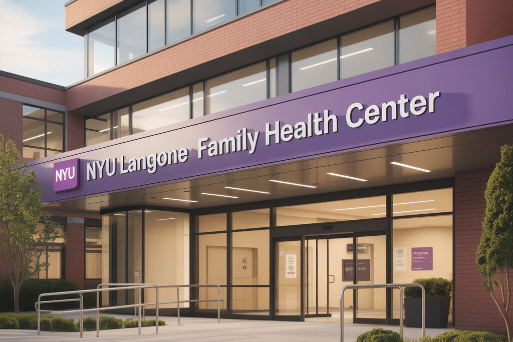 The entrance of the NYU Langone Family Health Center in Brooklyn, showing a modern glass and brick building with a large purple sign above the doorway, accessible ramps, and neatly landscaped greenery under daylight.