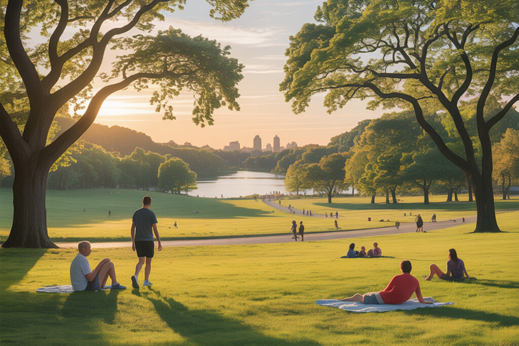 People relaxing and walking on a wide green lawn at Prospect Park in Brooklyn during sunset, with tall trees framing the view and the city skyline visible in the background.