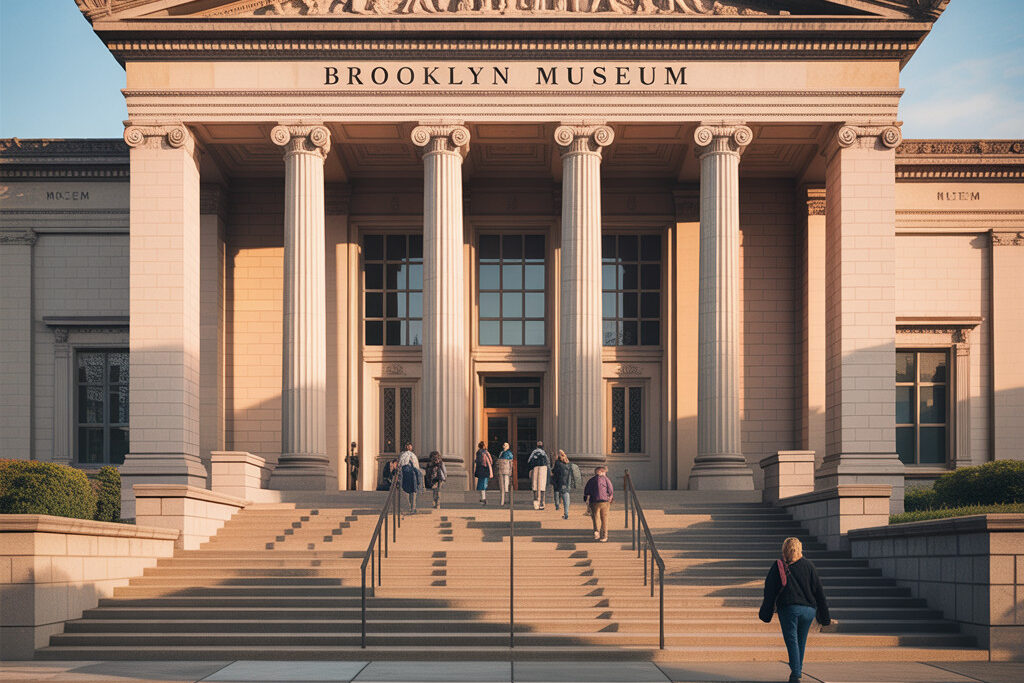 The front entrance of the Brooklyn Museum in New York City, showing its grand neoclassical architecture with tall columns, ornate pediment sculptures, and visitors ascending the wide stone steps under clear afternoon sunlight.