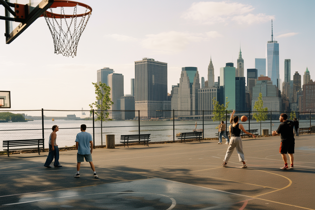 People playing basketball on an outdoor court along the East River in New York City, with the Manhattan skyline and One World Trade Center visible in the background on a sunny day.