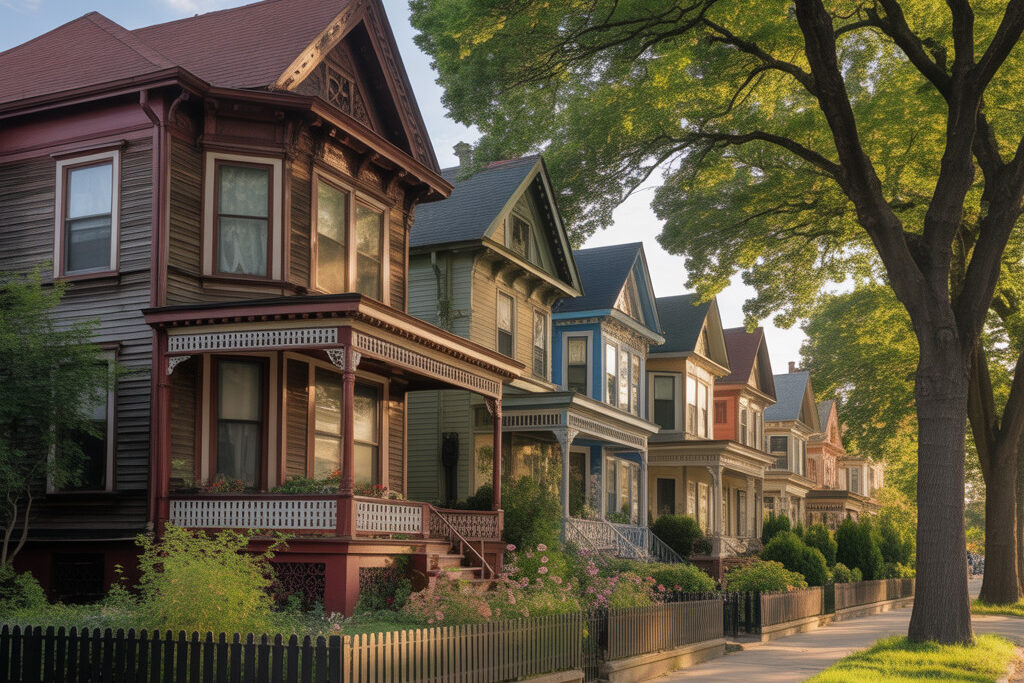A peaceful tree-lined street in Ditmas Park, Brooklyn, featuring colorful Victorian-style houses with porches, gardens, and warm evening sunlight.