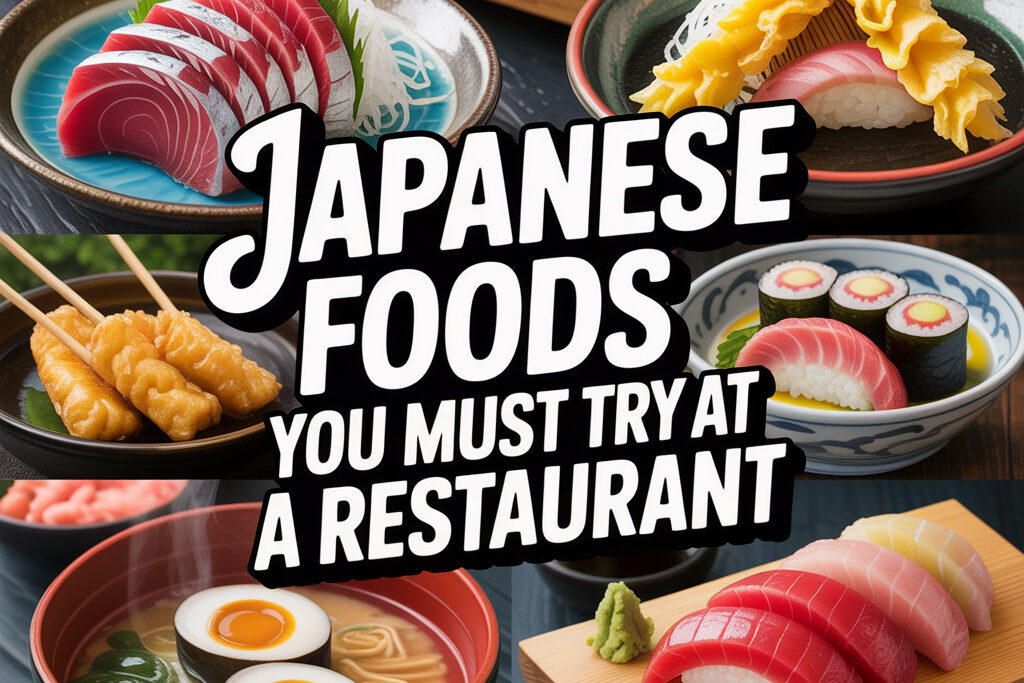 A collage of beautifully presented Japanese dishes including sushi, sashimi, ramen, tempura, and skewered yakitori, with bold text overlay reading ‘Japanese Foods You Must Try at a Restaurant.