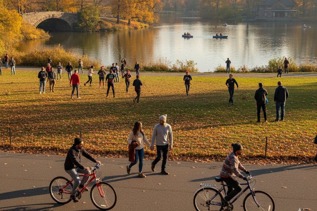 A scenic view of Prospect Park in Brooklyn, with people walking, cycling, and boating on the lake under a clear sky