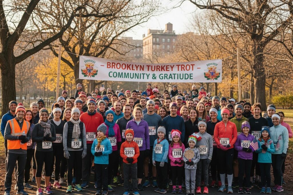 A large group of runners of all ages gather smiling beneath a banner that reads “Brooklyn Turkey Trot – Community & Gratitude.” They stand in a park with bare autumn trees, bundled in warm athletic clothing, ready to begin the Thanksgiving morning run.